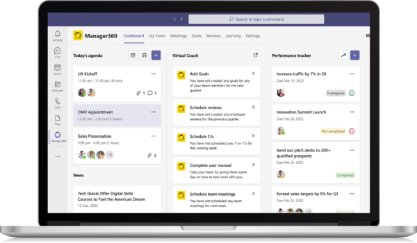 Screenshot of the Manager360 Microsoft Teams app dashboard